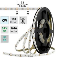 LED pásek SMD2216 CW, 180LED/m, 12W/m, 1020lm/m, IP20, DC 24V, 8mm, 5m