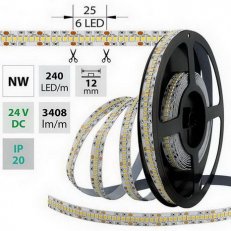 LED pásek SMD2835 NW, 240LED/m, 38,4W/m, 3408lm/m, IP20, DC 24V, 12mm, 50m