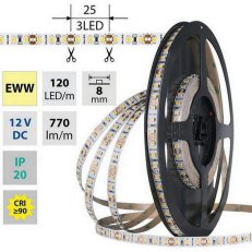 LED pásek SMD2835 EWW, 120LED/m, 9,6W/m, DC 12V, 770lm/m, CRI90, IP20, 8mm, 5m