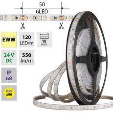LED pásek SMD2835 EWW, 120LED/m, 9,6W/m, DC 24V, 550lm/m, CRI90, IP68, 10mm, 5m