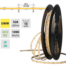 LED pásek COB UWW 528LED/m 14W/m DC24V 1090lm/m CRI90 IP20 modul 45,5mm 10mm 50m