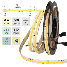 COB SPI LED pásek WW, 360LED/m, 11,5 W/m, 610lm/m, CRI90, IP20, DC24V, 10mm , 5m
