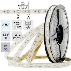 LED pásek SMD2835 CW, 120LED/m, 14W/m, 1212lm/m, IP68, DC 12V, 13mm, 5m