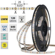 LED pásek SMD2835 UWW, 120LED/m, 9,6W/m, DC 12V, 640lm/m, CRI90, IP20, 8mm, 5m