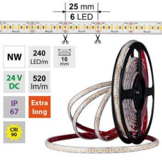 LED pásek SMD2835 NW, 240LED/m, 6W/m, DC 24V, 520lm/m, CRI90, IP67, 10mm, 5m
