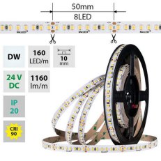 LED pásek SMD2835 DW, 160LED/m, 9W/m, DC 24V, 1160lm/m, CRI90, IP20, 10mm, 50m