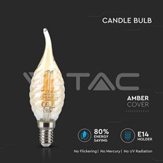 LED žárovka 4W Filament E14 svíčka Tail Amber 2200K Cover Warm White VT-1947,