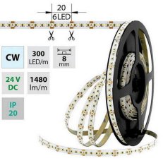 LED pásek SMD2216 CW, 300LED/m, 18W/m, DC 24V, 1480lm/m, CRI90, IP20, 8mm, 5m