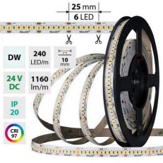 LED pásek SMD2835 DW, 240LED/m, 14,4W/m, DC 24V, 1160lm/m, CRI97, IP20, 10mm, 5m