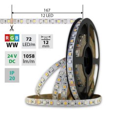 LED pásek SMD5050 RGB+WW, 72LED/m, 17,2W/m, 1058lm/m, IP20, DC 24V, 12mm, 50m