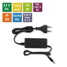 Napájecí adaptér 24W, DC24V/1A, IP20, černý plast, s vidlicí
