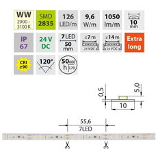 LED pásek SMD2835 WW 126LED/m 9,6W/m DC 24V 1050lm/m CRI90 IP67 105°C 10mm 5m