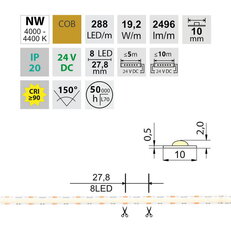 LED pásek COB NW 288LED/m 19,2W/m DC24V 2496lm/m CRI90 IP20 10mm 50m