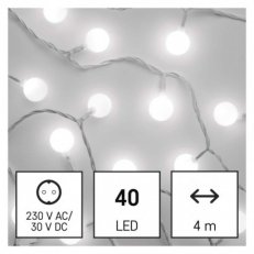 LED světelný cherry řetěz-kuličky 2,5cm,4m,venkovní i vnitřní,stud. bílá,časovač