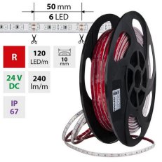 LED pásek SMD2835 červený, 120LED/m, 9,6W/m, DC 24V, 290lm/m, IP67, 10mm, 50m