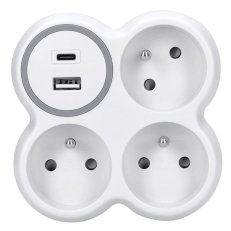 Rozbočka, 3x 15A, USB nabíječka A+C, bílá-šedá, vypínač SOLIGHT P106USBC