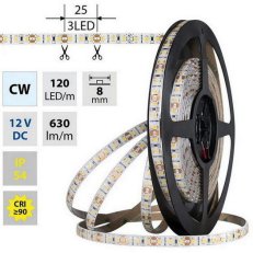 LED pásek SMD2835 CW, 120LED/m, 9,6W/m, DC 12V, 630lm/m, CRI90, IP54, 8mm, 5m