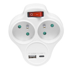 2-zásuvková V rozbočka, 1xUSB, 1xUSB-C, 5V/2,4A , vypínač ECOLITE XQFZBK-01/3