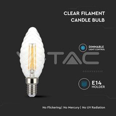 LED Bulb 4W Filament E14 Twist Candle Dimmable 3000K VT-1985D, V-TAC SKU214367
