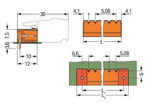Konektor s pájecími piny THT, pájecí kontakt 1,0x1,0 mm, úhlové, oranžová 18pól.