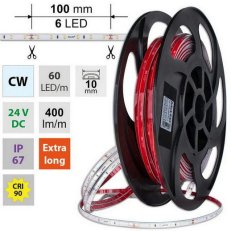 LED pásek SMD2835 CW, 60LED/m, 4,8W/m, DC 24V, 400lm/m, CRI90, IP67, 10mm, 50m