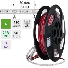 LED pásek SMD2835 zelený, 120LED/m, 9,6W/m, DC 24V, 640lm/m, IP67, 10mm, 50m