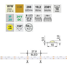 LED pásek COB WW 288LED/m 19,2W/m DC24V 2381lm/m CRI90 IP20 10mm 50m