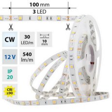 LED pásek SMD5050 CW, 30LED/m, 7,2W/m, 540lm/m, IP20, DC 12V, 10mm, 5m