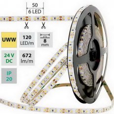 LED pásek SMD3528 UWW, 120LED/m, IP20, DC 24V, 8mm, bílý PCB pásek, 5m