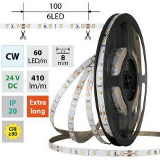 LED pásek SMD2835 CW, 60LED/m, 4,8W/m, DC 24V, 410lm/m, CRI90, IP20, 8mm, 5m