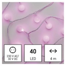 LED světelný cherry řetěz kuličky 2,5 cm 4 m venkovní i vnitřní růžová časovač
