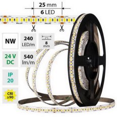 LED pásek SMD2835 NW, 240LED/m, 6W/m, DC 24V, 540lm/m, CRI90, IP20, 8mm, 5m