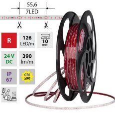 LED pásek SMD2835 červený 126LED/m 9,6W/m DC 24V 390lm/m IP67 105°C 10mm 50m
