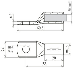 Lisovací kabelové oko DIN 46235 70mm2 M10 Cu/gal Sn, poniklováno DEHN 472436