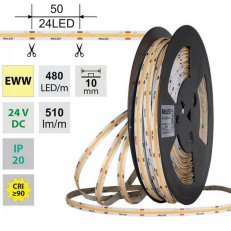 LED pásek COB EWW, 480LED/m, 5W/m, DC 24V, 510lm/m, CRI90, IP20, 10mm, 50m