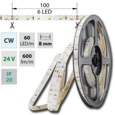 LED pásek SMD2835 studeně bílý, 60LED/m, IP20, DC 24V, 8mm, 30m