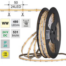 LED pásek COB WW, 480LED/m, 5W/m, DC 24V, 531lm/m, CRI90, IP20, 10mm, 50m