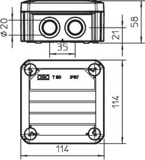 Odbočná krabice OBO T 60 M20 KL se svorkovnicí, 114x114x57, šedá Polypropylén PP