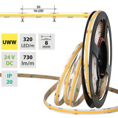 LED pásek COB UWW 320LED/m 8W/m DC 24V 730lm/m CRI90 IP20 modul 50mm 8mm 5m