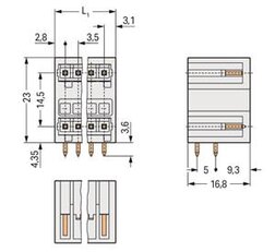 Dvoupatrový konektor s pájecími piny THT, 1,0x1,0mm, úhlové, světle šedá 2pól.