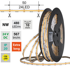 LED pásek COB NW, 480LED/m, 5W/m, DC 24V, 567lm/m, CRI90, IP20, 10mm, 50m