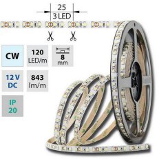 LED pásek SMD3528 studeně bílý, 120LED/m, IP20, DC 12V, 8mm, 5m