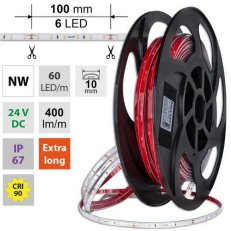 LED pásek SMD2835 NW, 60LED/m, 4,8W/m, DC 24V, 400lm/m, CRI90, IP67, 10mm, 50m