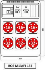 Zásuvková rozvodnice 3x3253+3x1653, jištěná, s chráničem, IP54 ROS M13/FI-137