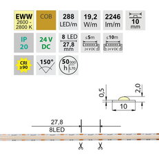 LED pásek COB EWW 288LED/m 19,2W/m DC24V 2246lm/m CRI90 IP20 10mm 50m