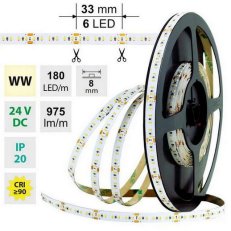 LED pásek SMD2216 WW, 180LED/m, 12W/m, 975lm/m, IP20, DC 24V, 8mm, 30m