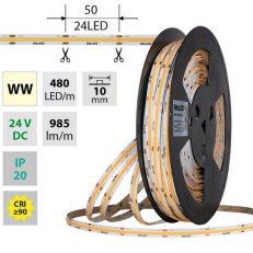 LED pásek COB WW, 480LED/m, 10W/m, DC 24V, 985lm/m, CRI90, IP20, 10mm, 50m
