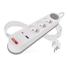 Prodlužovací kabel 2m, 3zás, s vypínačem, bílo-šedý, 1×USB-A+C, 1,5mm2 P1312FC