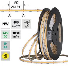LED pásek COB NW, 480LED/m, 10W/m, DC 24V, 1030lm/m, CRI90, IP20, 10mm, 50m