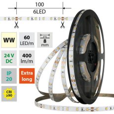 LED pásek SMD2835 WW, 60LED/m, 4,8W/m, DC 24V, 400lm/m, CRI90, IP20, 8mm, 50m